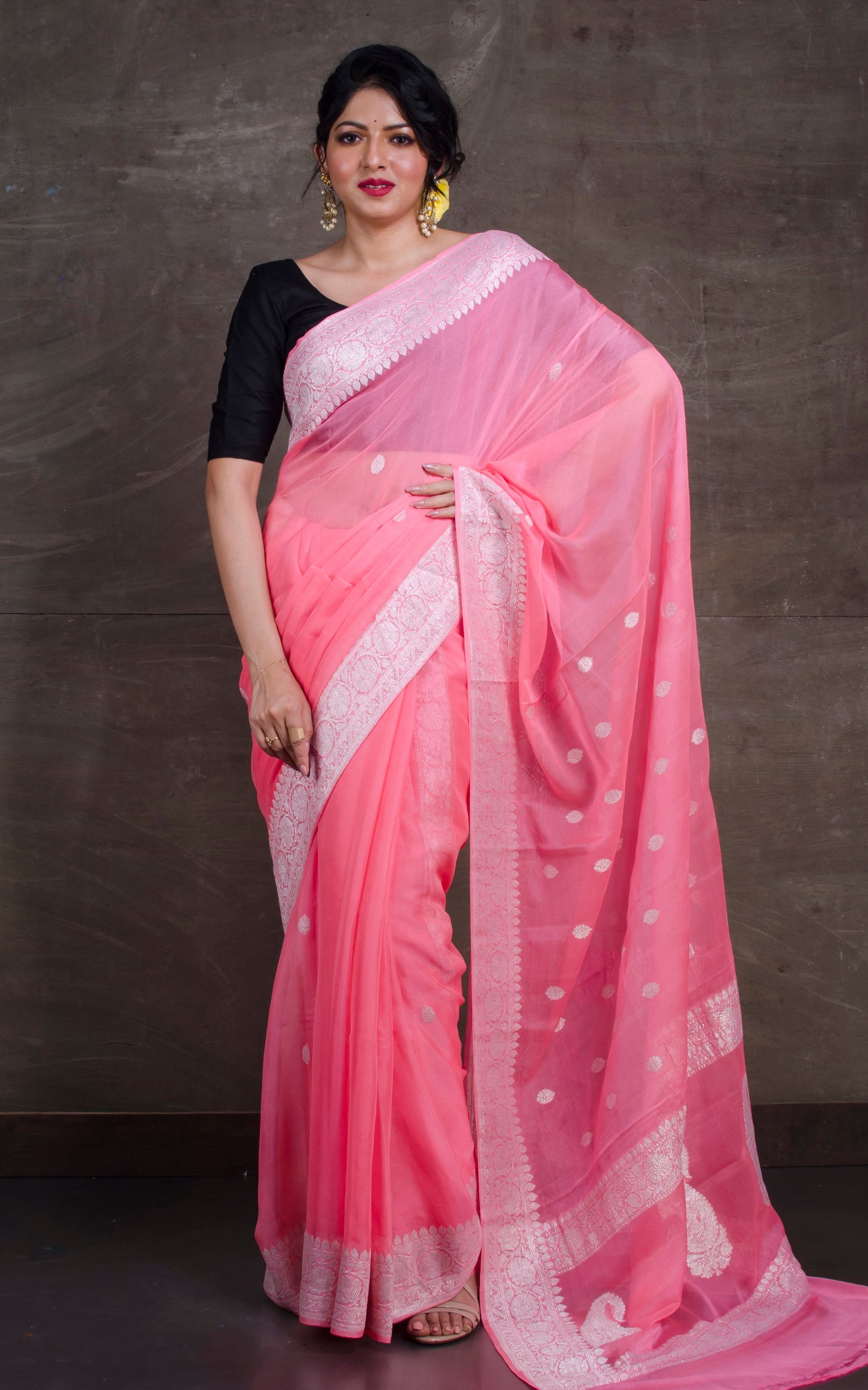 Pure Georgette Banarasi Saree in Flamingo Pink and Silver