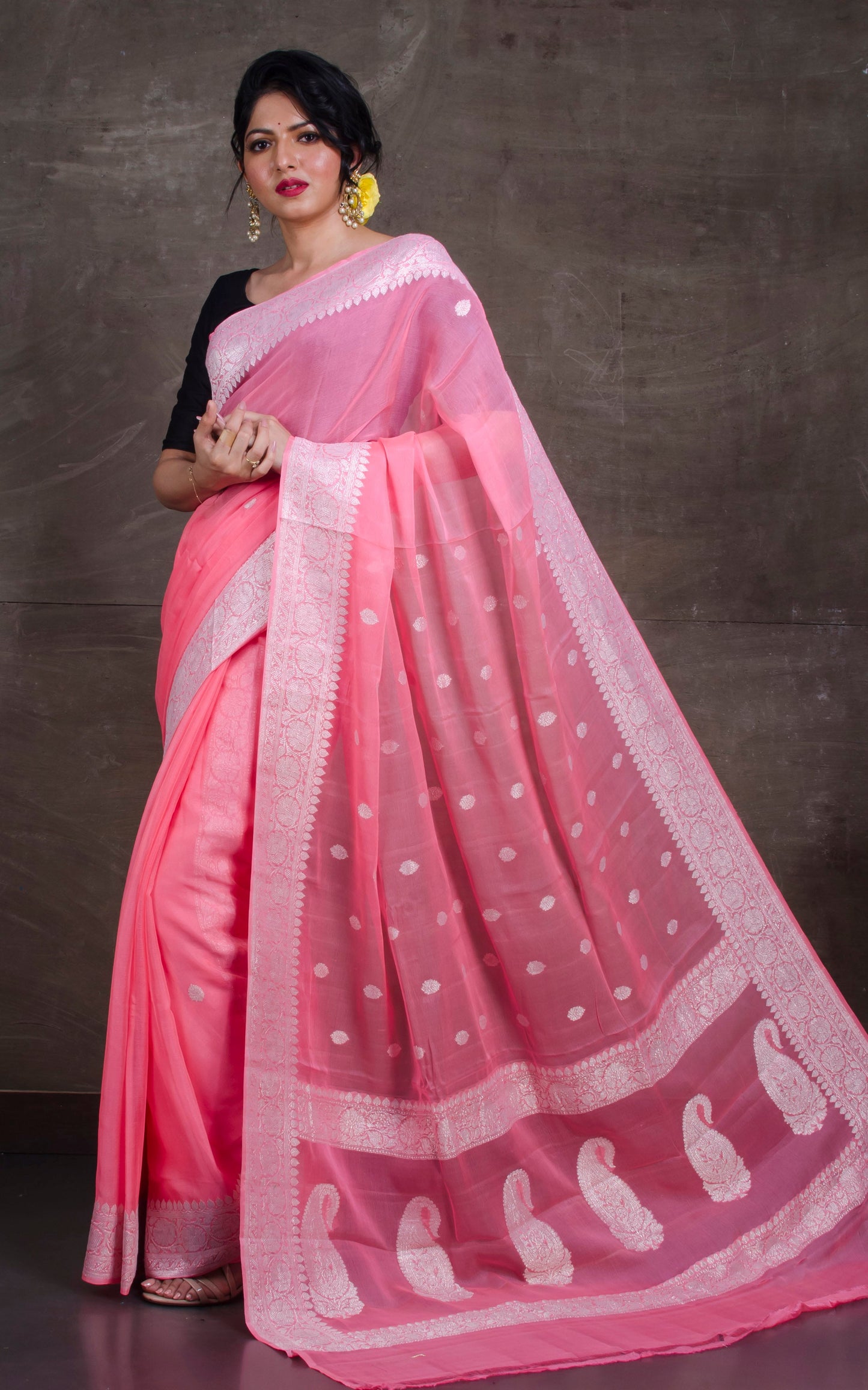 Pure Georgette Banarasi Saree in Flamingo Pink and Silver