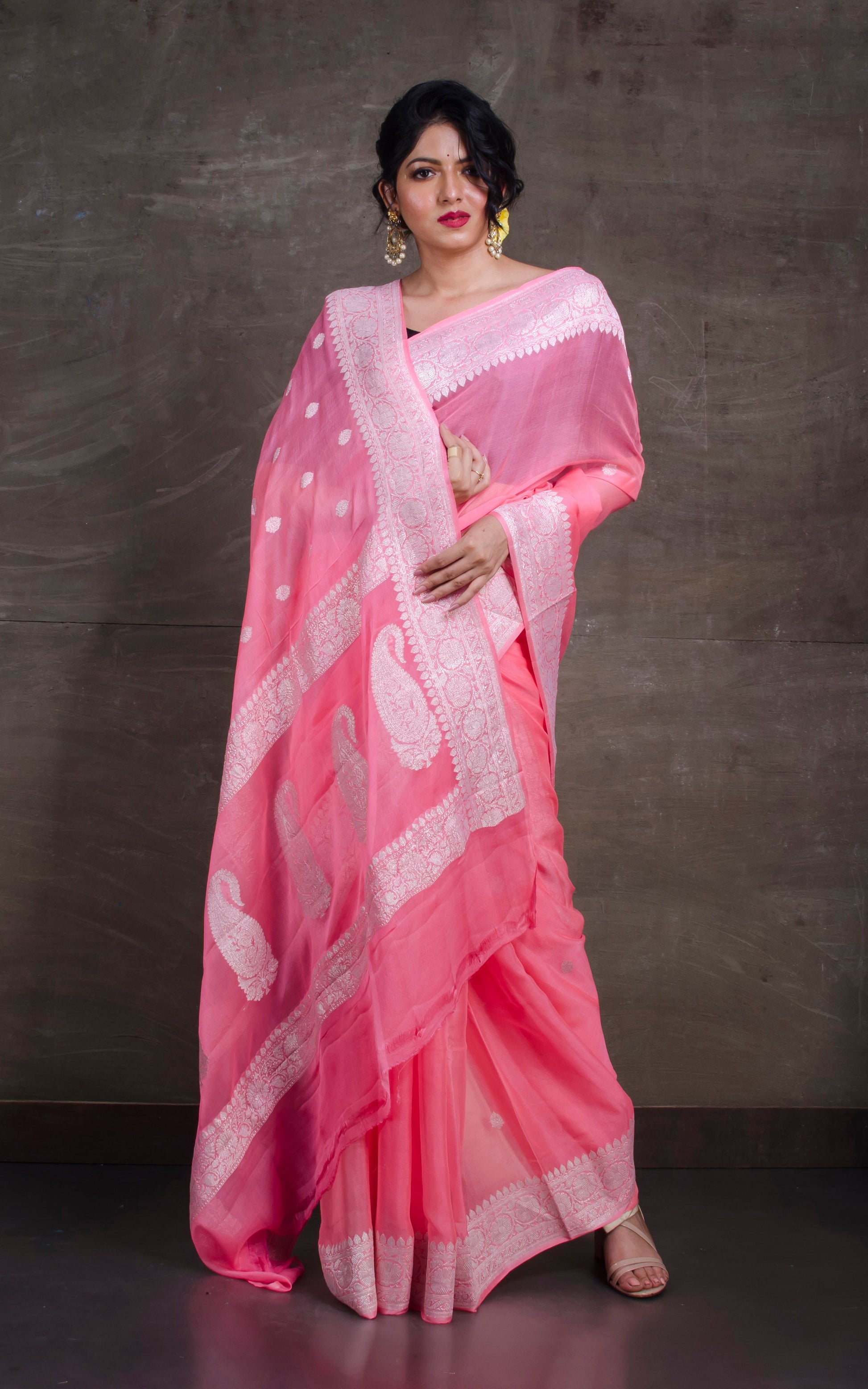 Pure Georgette Banarasi Saree in Flamingo Pink and Silver