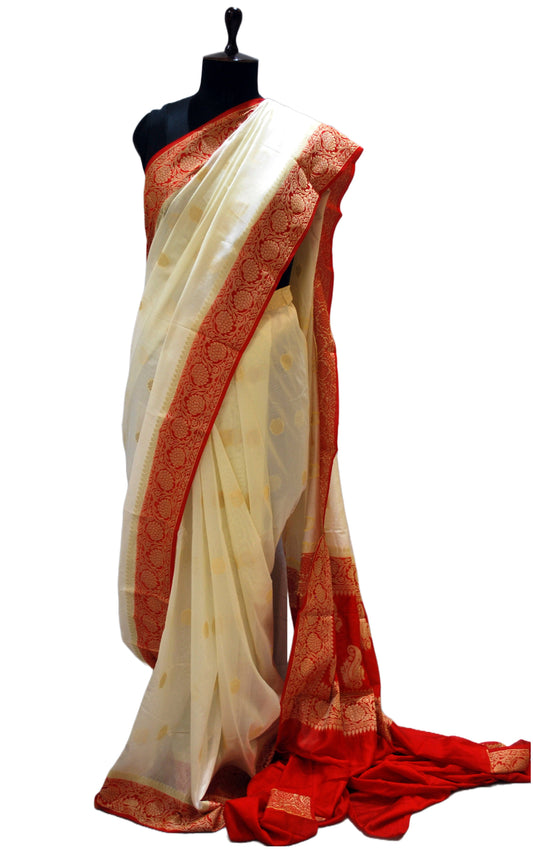 Medium Border Soft Semi Georgette Banarasi Saree in Off White, Red and Matt Gold