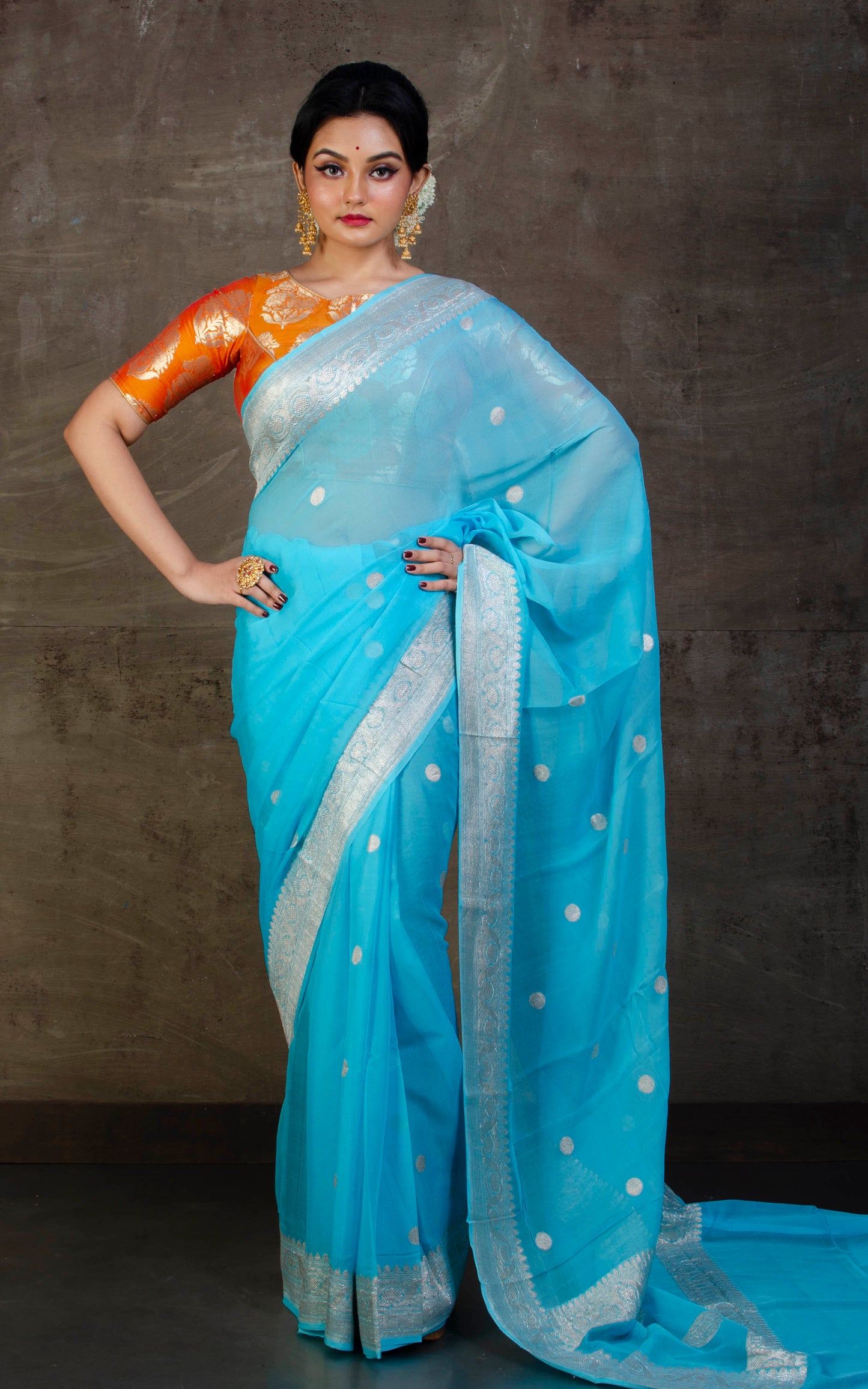 Pure Georgette Banarasi Saree in Baby Blue and Silver