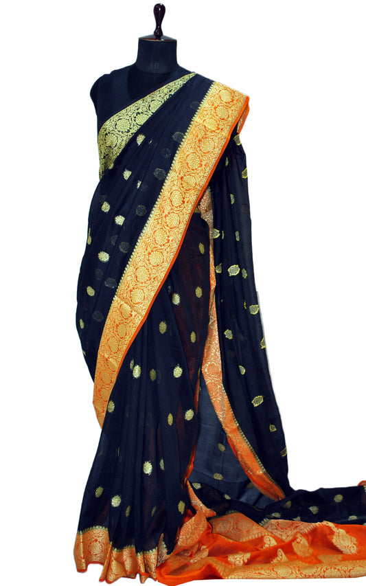 Medium Border Soft Semi Georgette Banarasi Saree in Black, Orange and Matt Gold