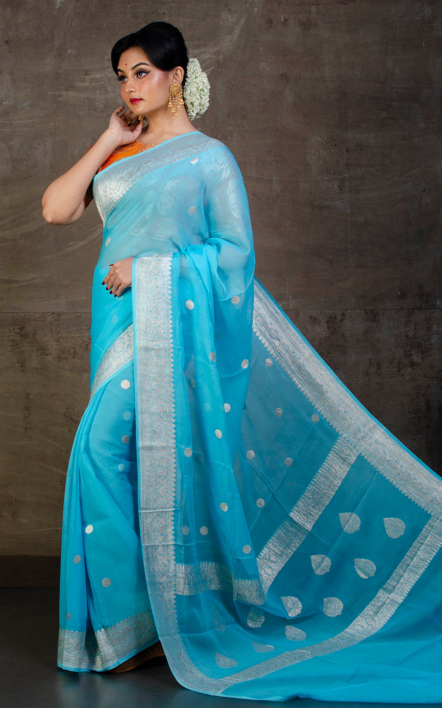 Pure Georgette Banarasi Saree in Baby Blue and Silver