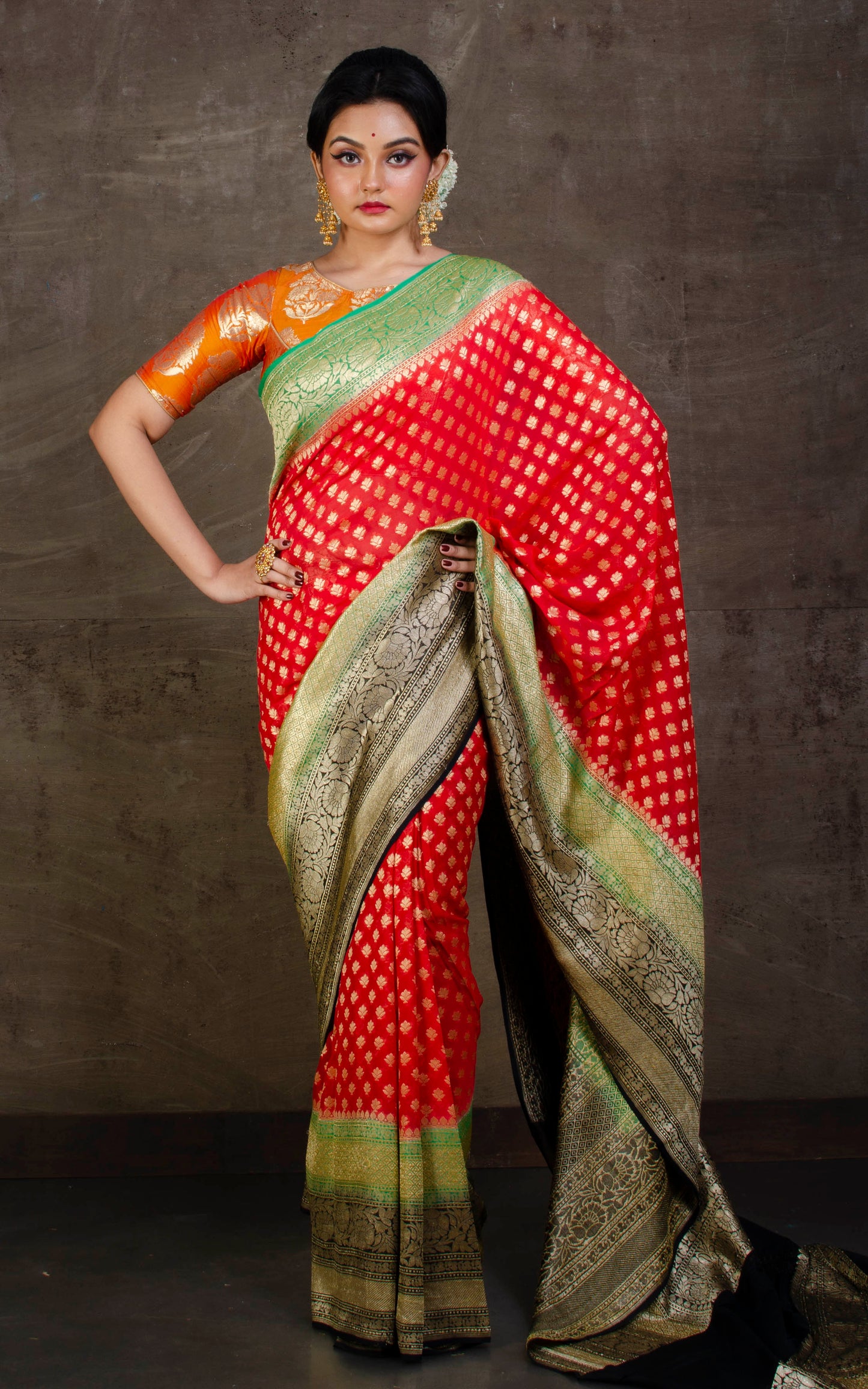 Skirt Border Khaddi Georgette Banarasi Saree in Red, Green and Black