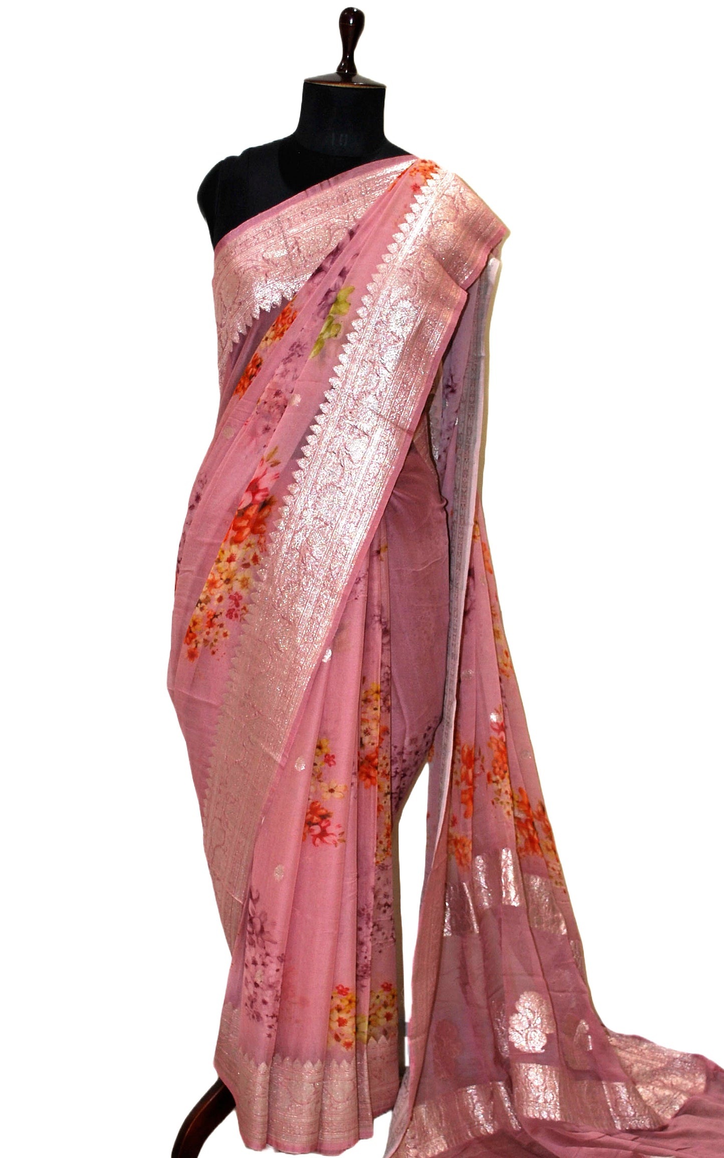 Digital Printed Pure Georgette Banarasi Saree in Thulian Pink, Multicolored and Silver Zari Work