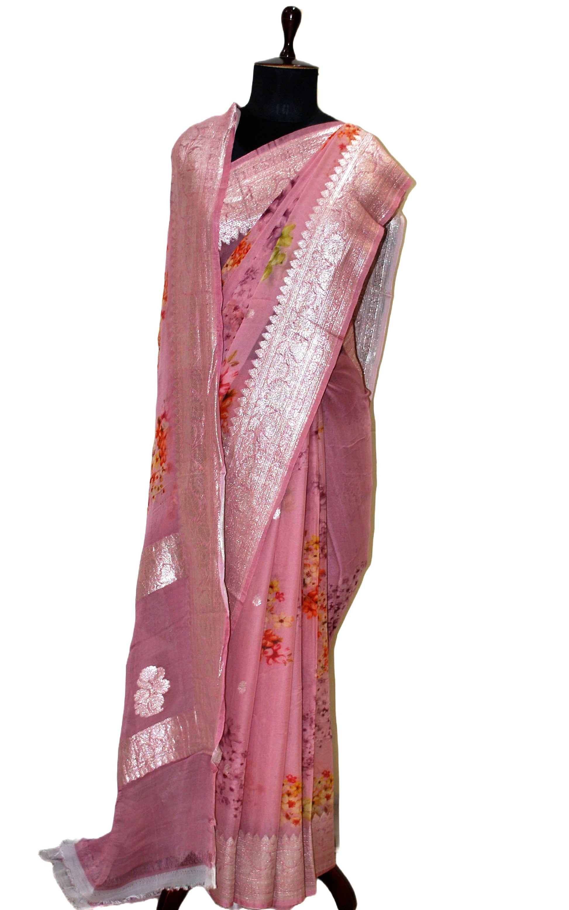 Digital Printed Pure Georgette Banarasi Saree in Thulian Pink, Multicolored and Silver Zari Work