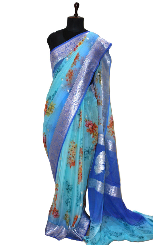 Digital Printed Pure Georgette Banarasi Saree in Arctic Blue, Dodger Blue, Maculticolored and Silver Zari Work