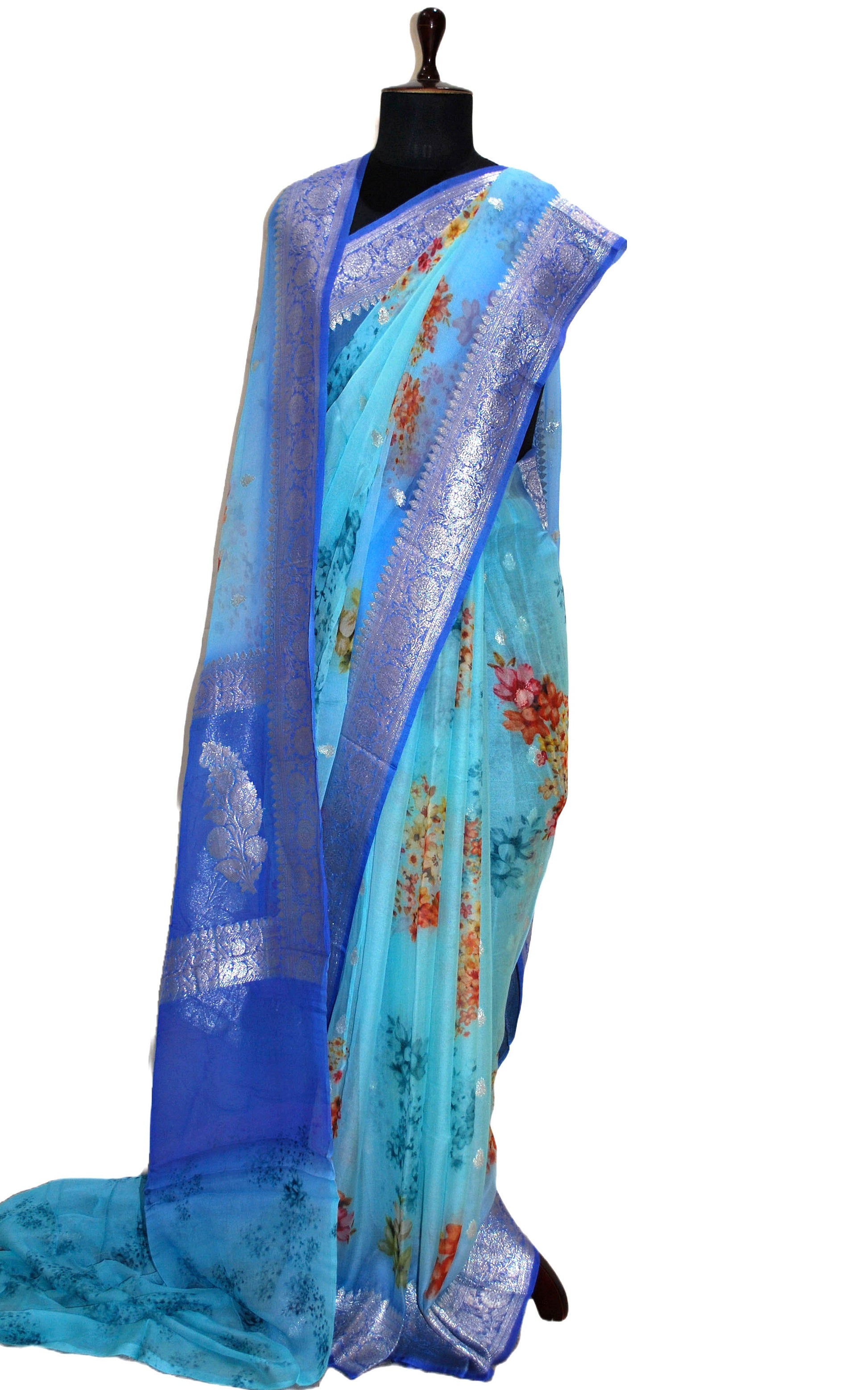 Digital Printed Pure Georgette Banarasi Saree in Arctic Blue, Dodger Blue, Maculticolored and Silver Zari Work