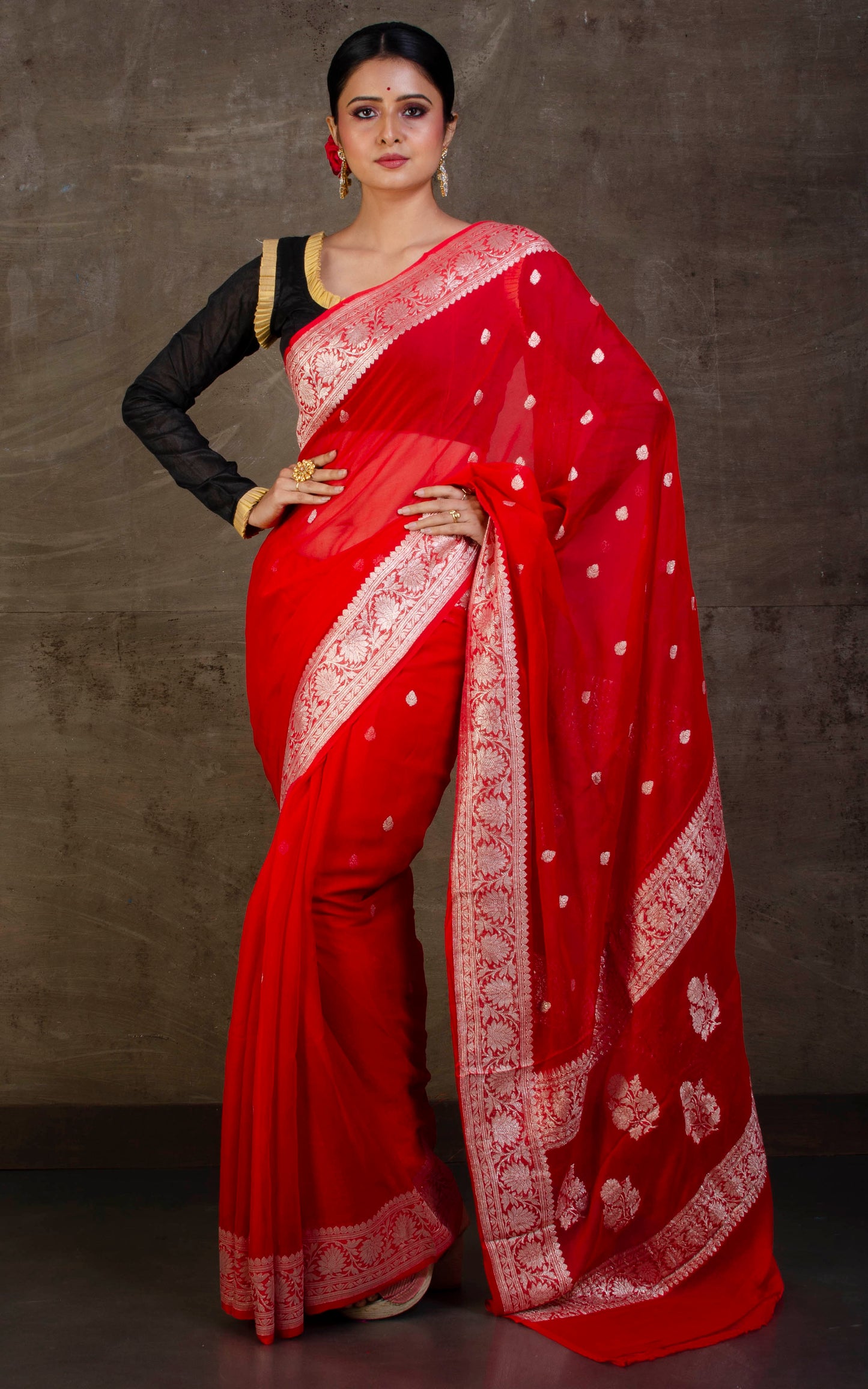 Pure Georgette Banarasi Saree in Red and Silver