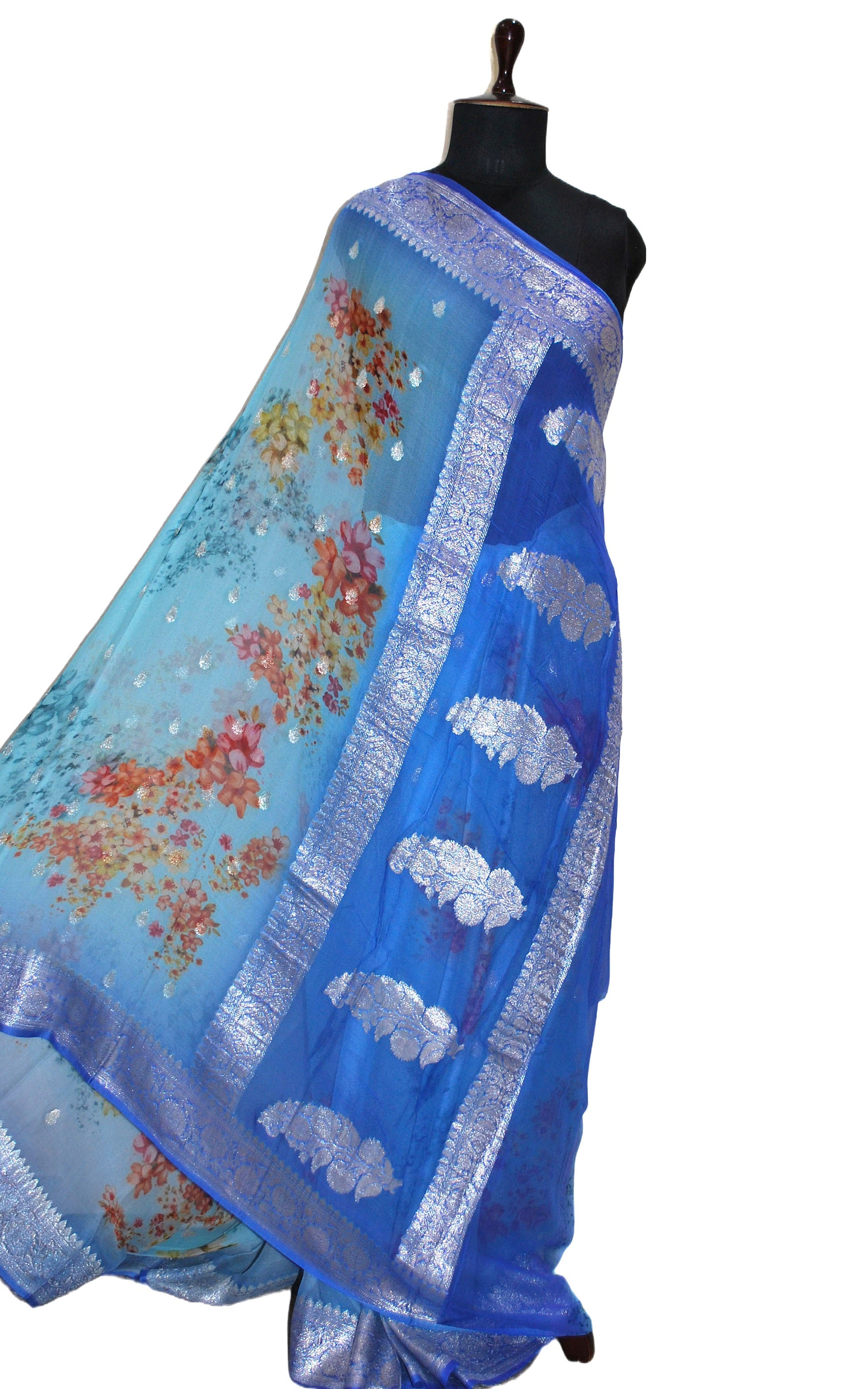 Digital Printed Pure Georgette Banarasi Saree in Arctic Blue, Dodger Blue, Maculticolored and Silver Zari Work