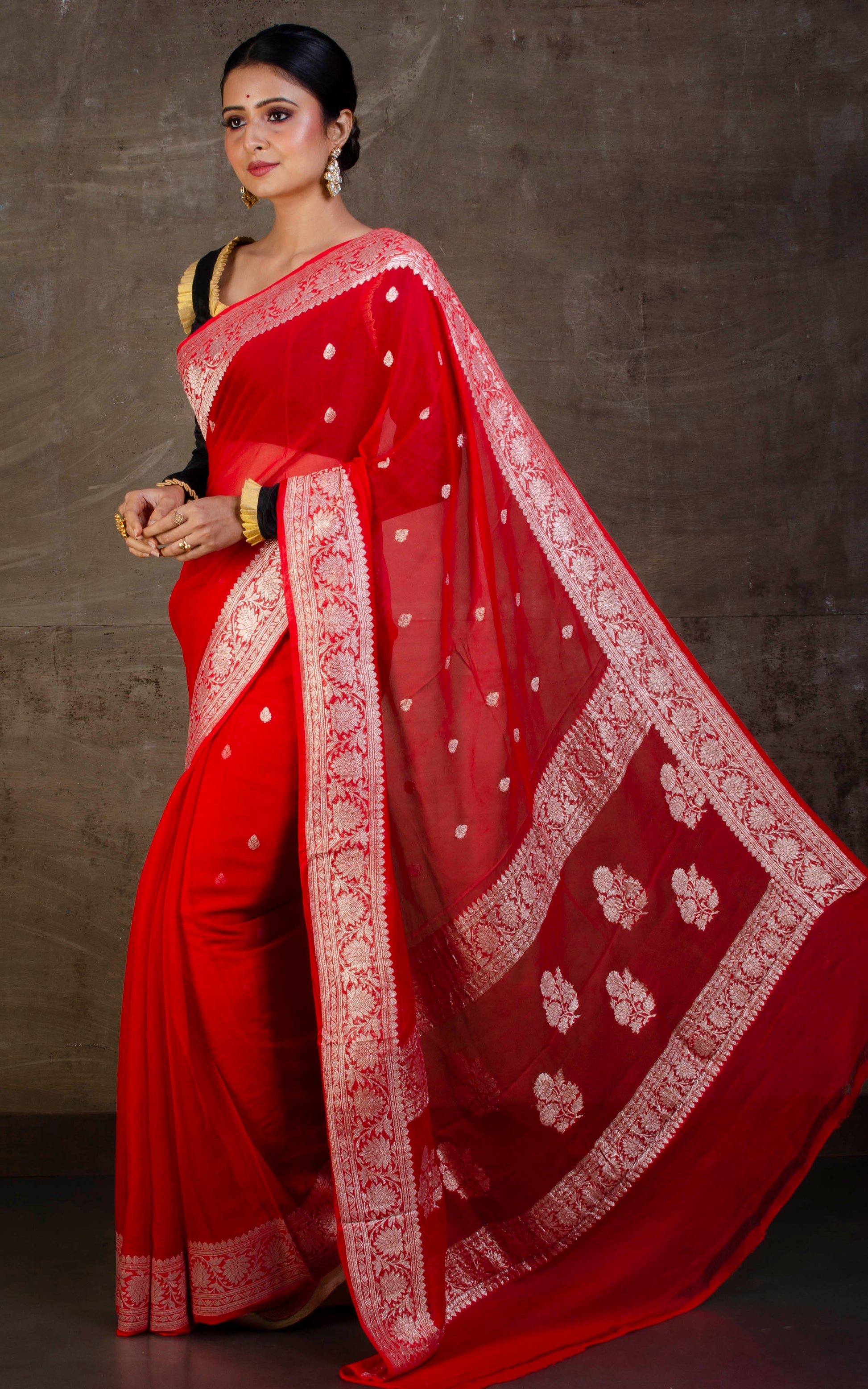 Pure Georgette Banarasi Saree in Red and Silver