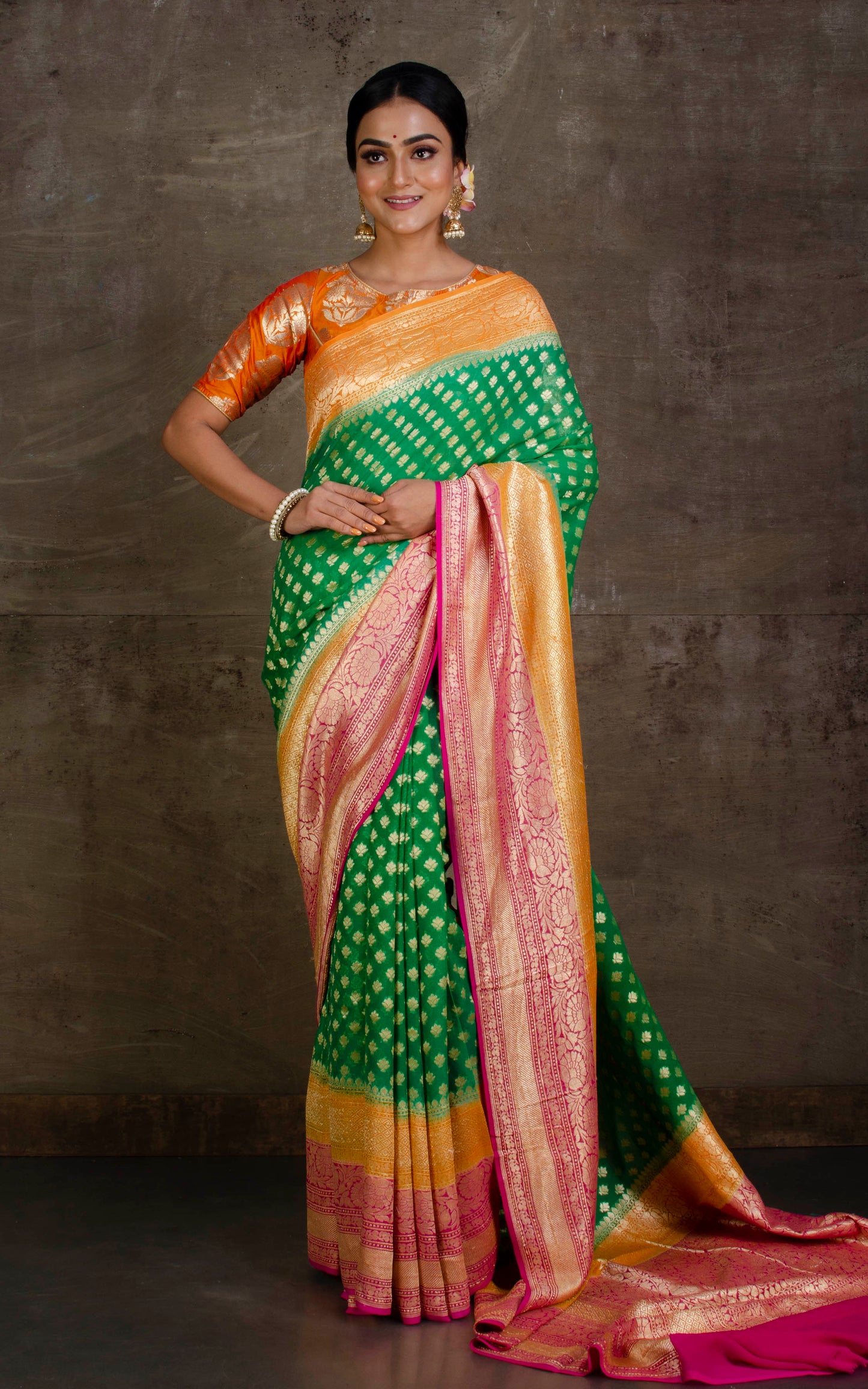 Skirt Border Khaddi Georgette Banarasi Saree in Green, Pastel Orange and Fuscia