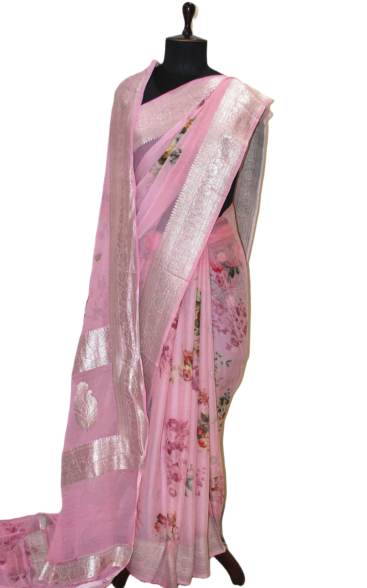 Digital Printed Pure Georgette Banarasi Saree in English Pink, Multicolored and Silver Zari Work