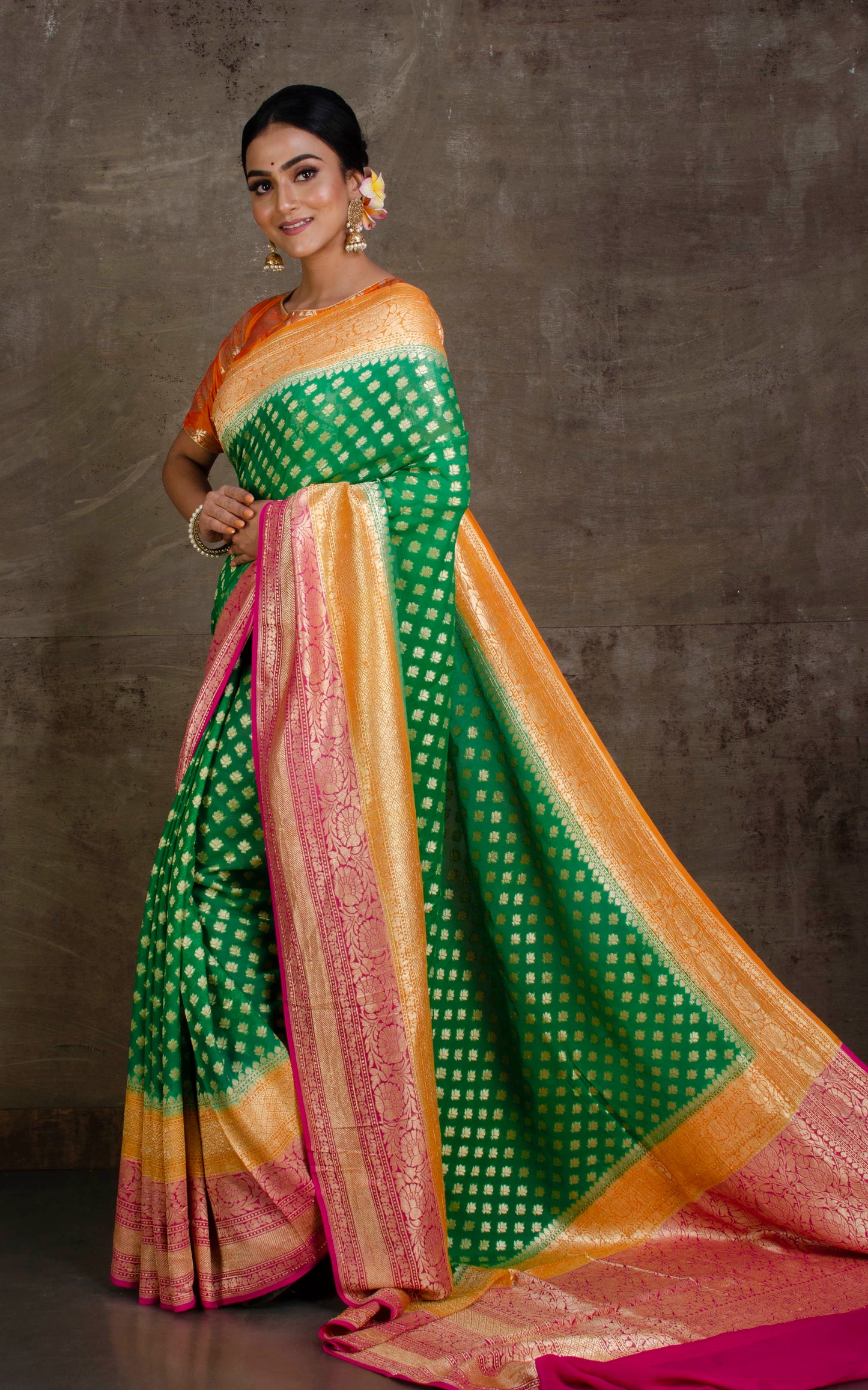 Skirt Border Khaddi Georgette Banarasi Saree in Green, Pastel Orange and Fuscia