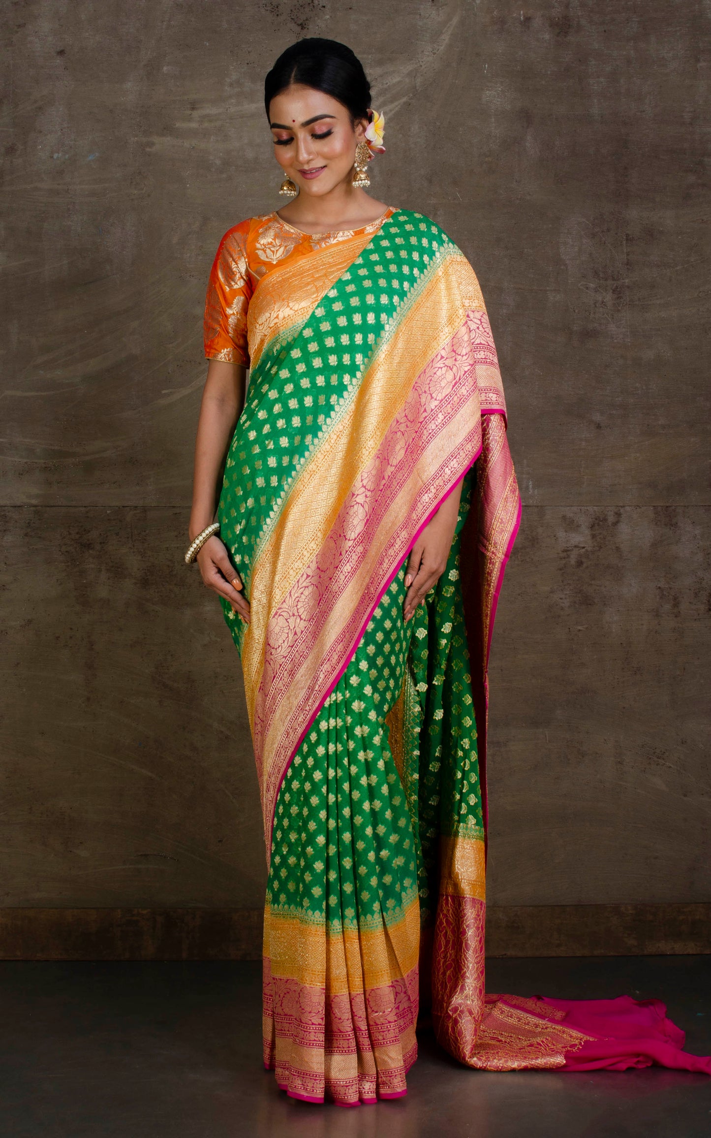 Skirt Border Khaddi Georgette Banarasi Saree in Green, Pastel Orange and Fuscia