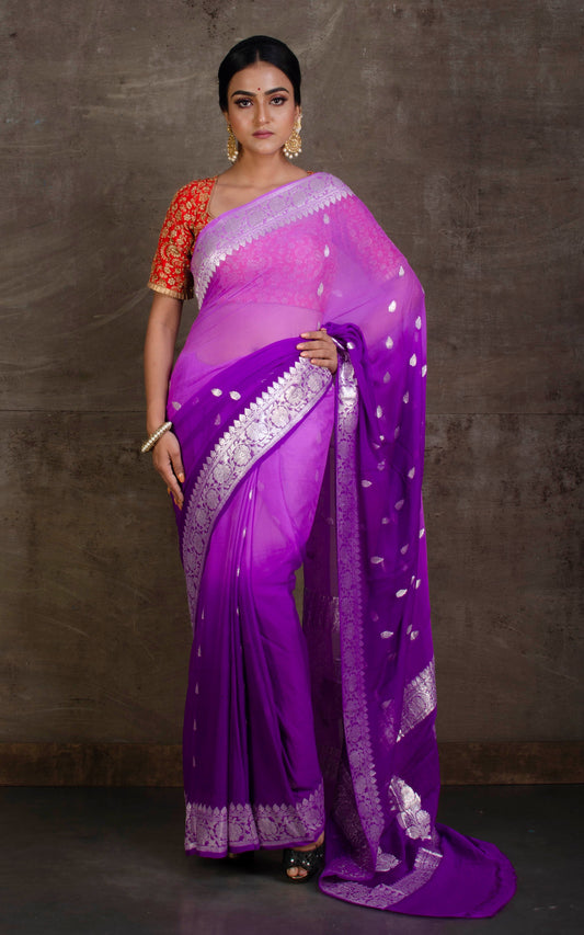 Pure Georgette Banarasi Saree in Mauve, Lavender and Silver