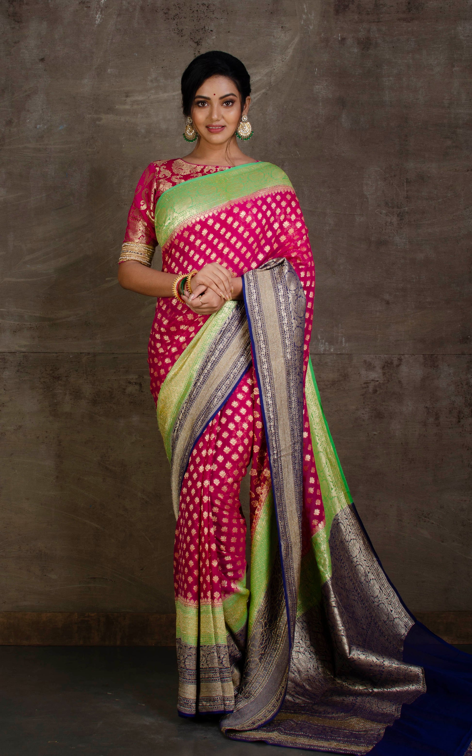 Skirt Border Khaddi Georgette Banarasi Saree in Magenta, Screamin Green and Midnight Blue