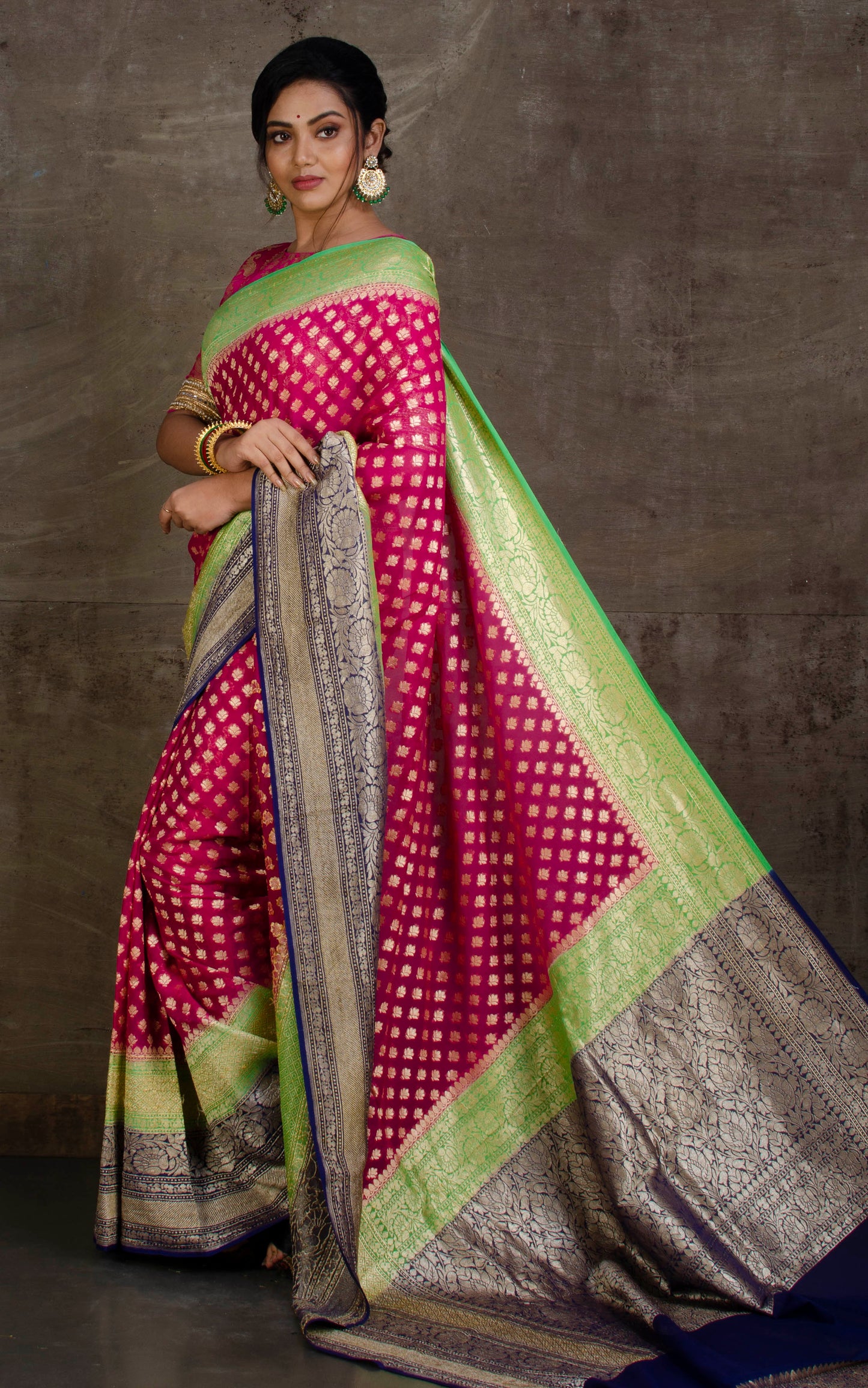 Skirt Border Khaddi Georgette Banarasi Saree in Magenta, Screamin Green and Midnight Blue