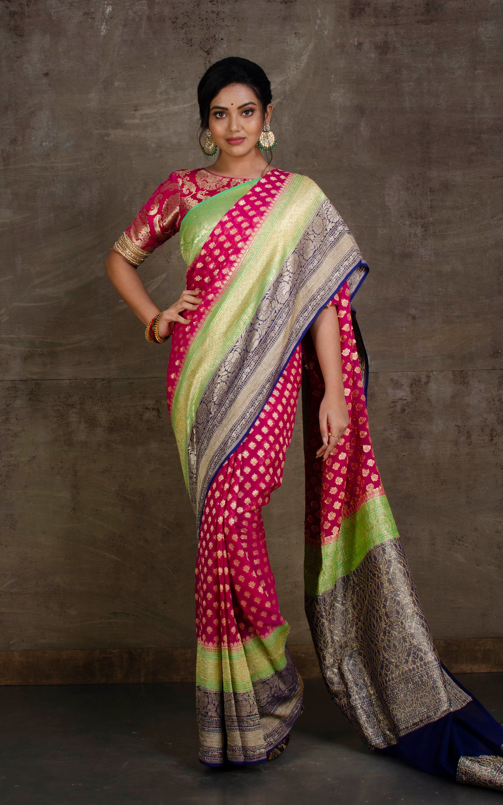 Skirt Border Khaddi Georgette Banarasi Saree in Magenta, Screamin Green and Midnight Blue