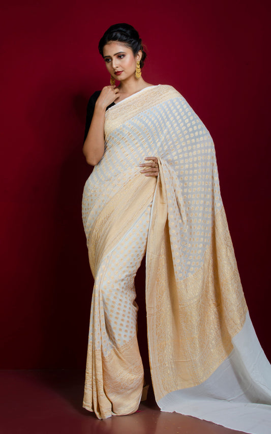 Skirt Border Khaddi Georgette Banarasi Saree in Off white and Muted Gold