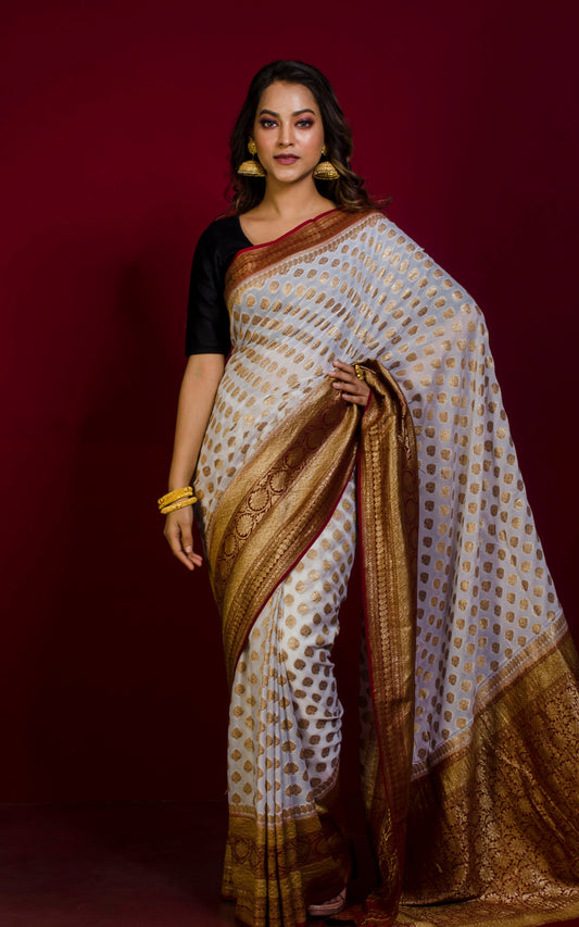 Pure Khaddi Georgette Banarasi Saree in Off White, Chocolate Brown and Antique Gold