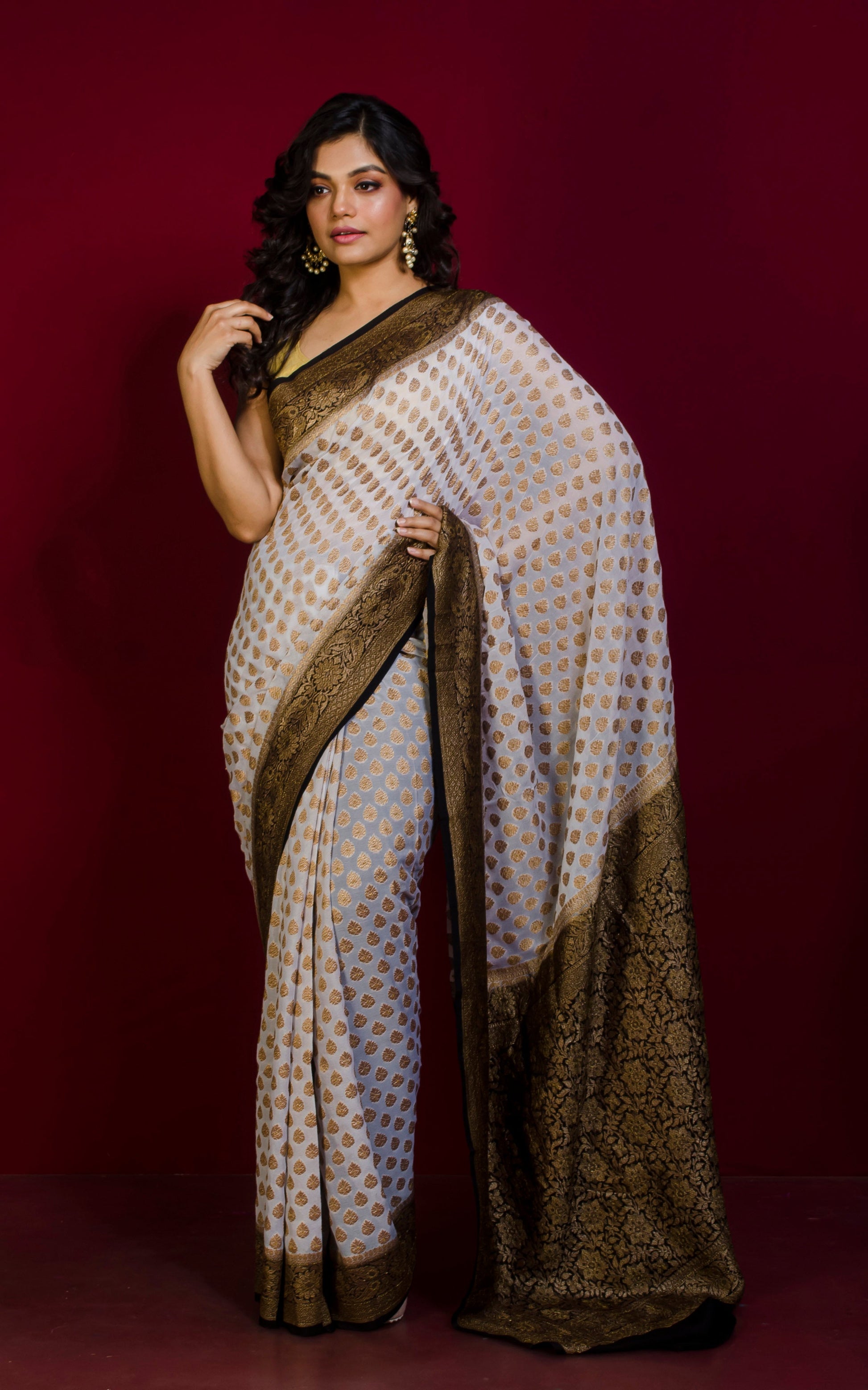 Pure Khaddi Georgette Banarasi Saree in Off White, Black and Antique Gold