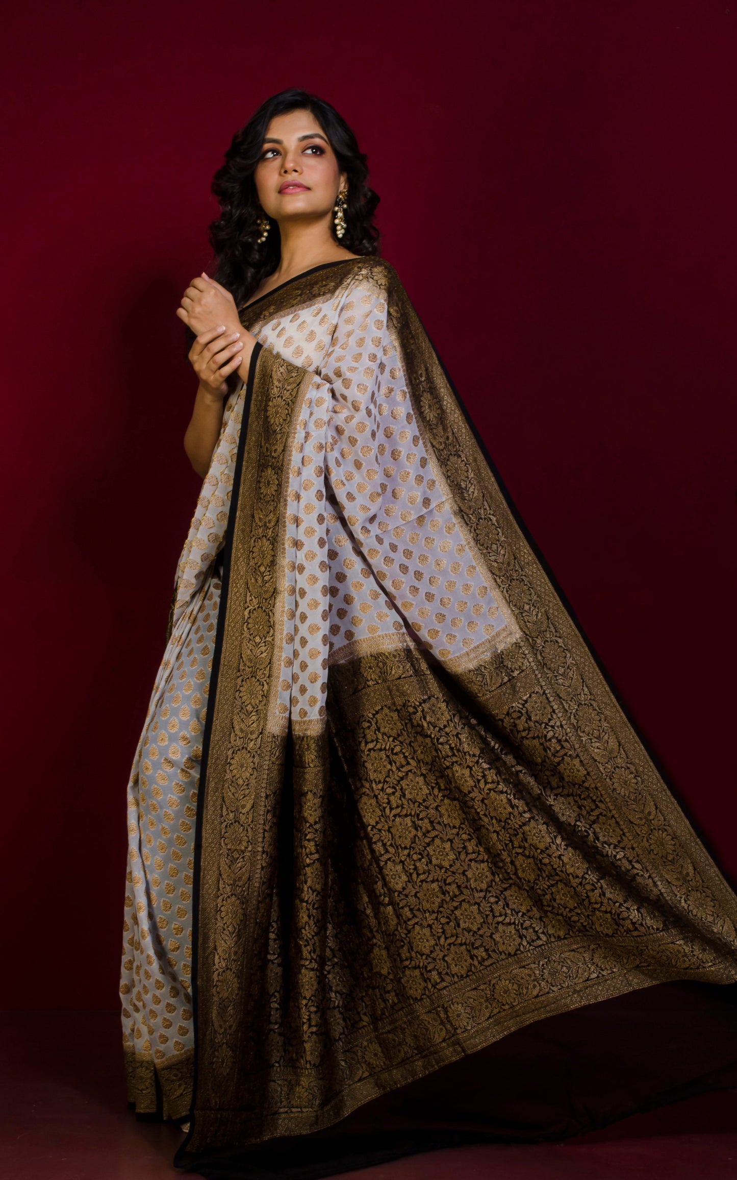 Pure Khaddi Georgette Banarasi Saree in Off White, Black and Antique Gold