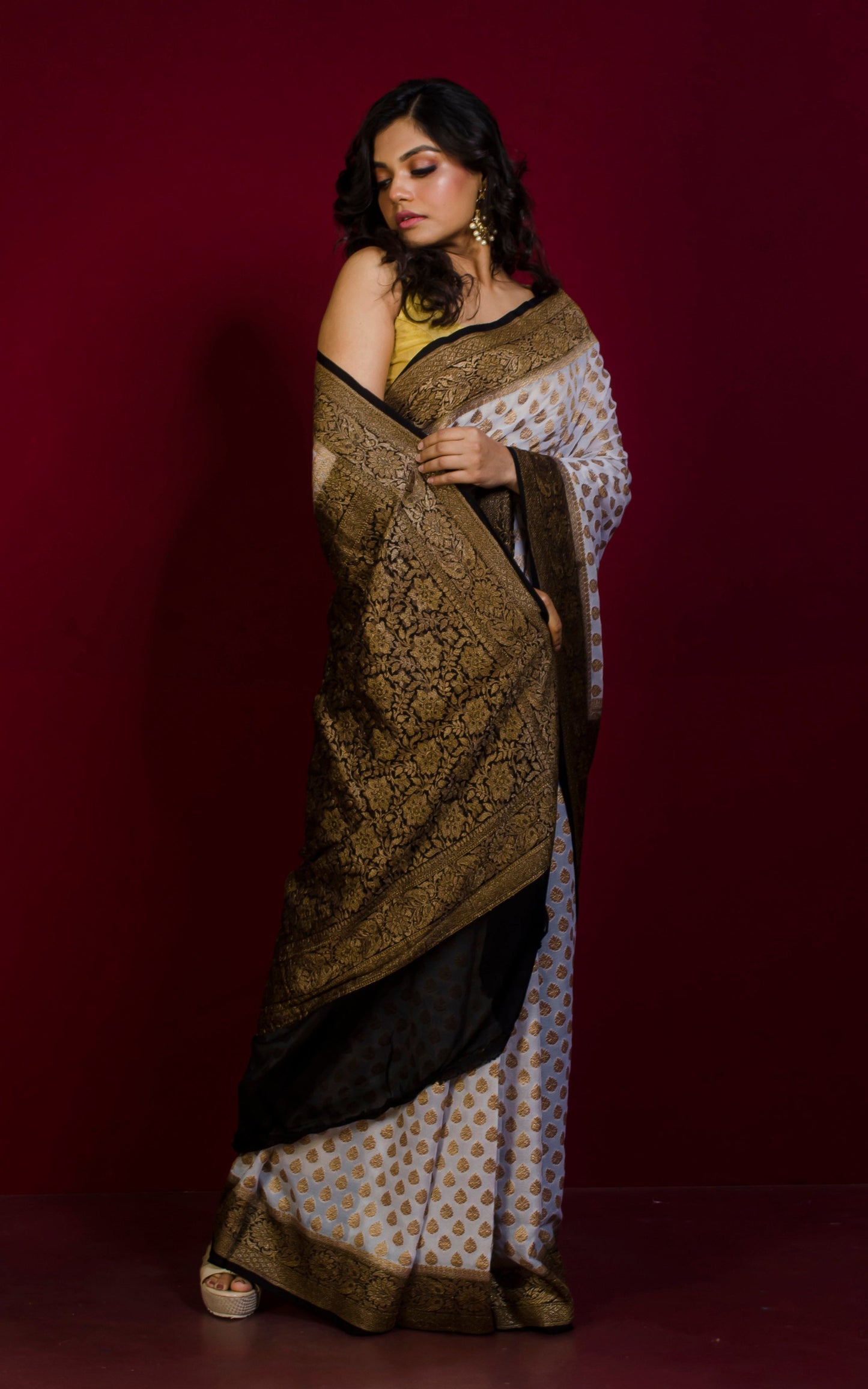 Pure Khaddi Georgette Banarasi Saree in Off White, Black and Antique Gold