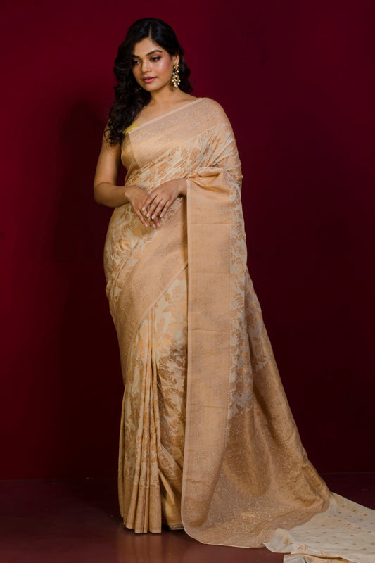 Soft Semi Georgette Brocade Banarasi Saree in Off White and Sepia Tone Golden Zari Work