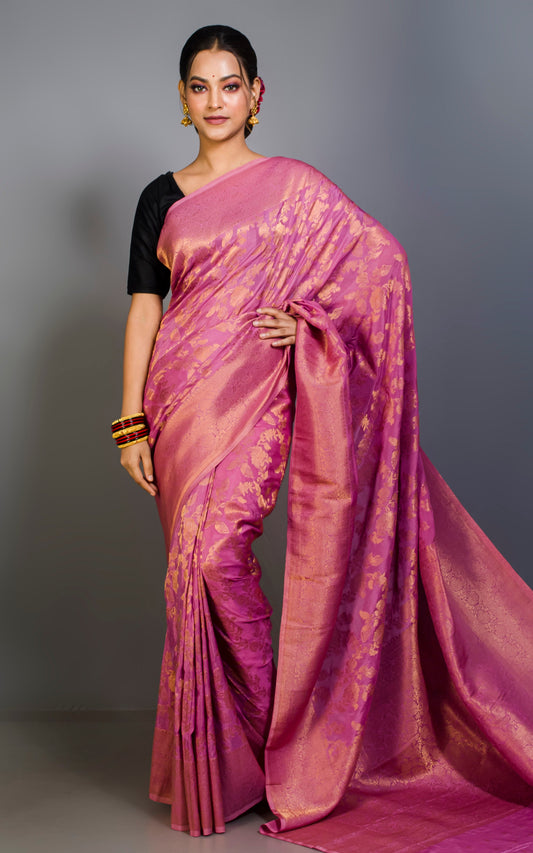 Soft Semi Georgette Brocade Banarasi Saree in Orchid Purple and Sepia Tone Golden Zari Work