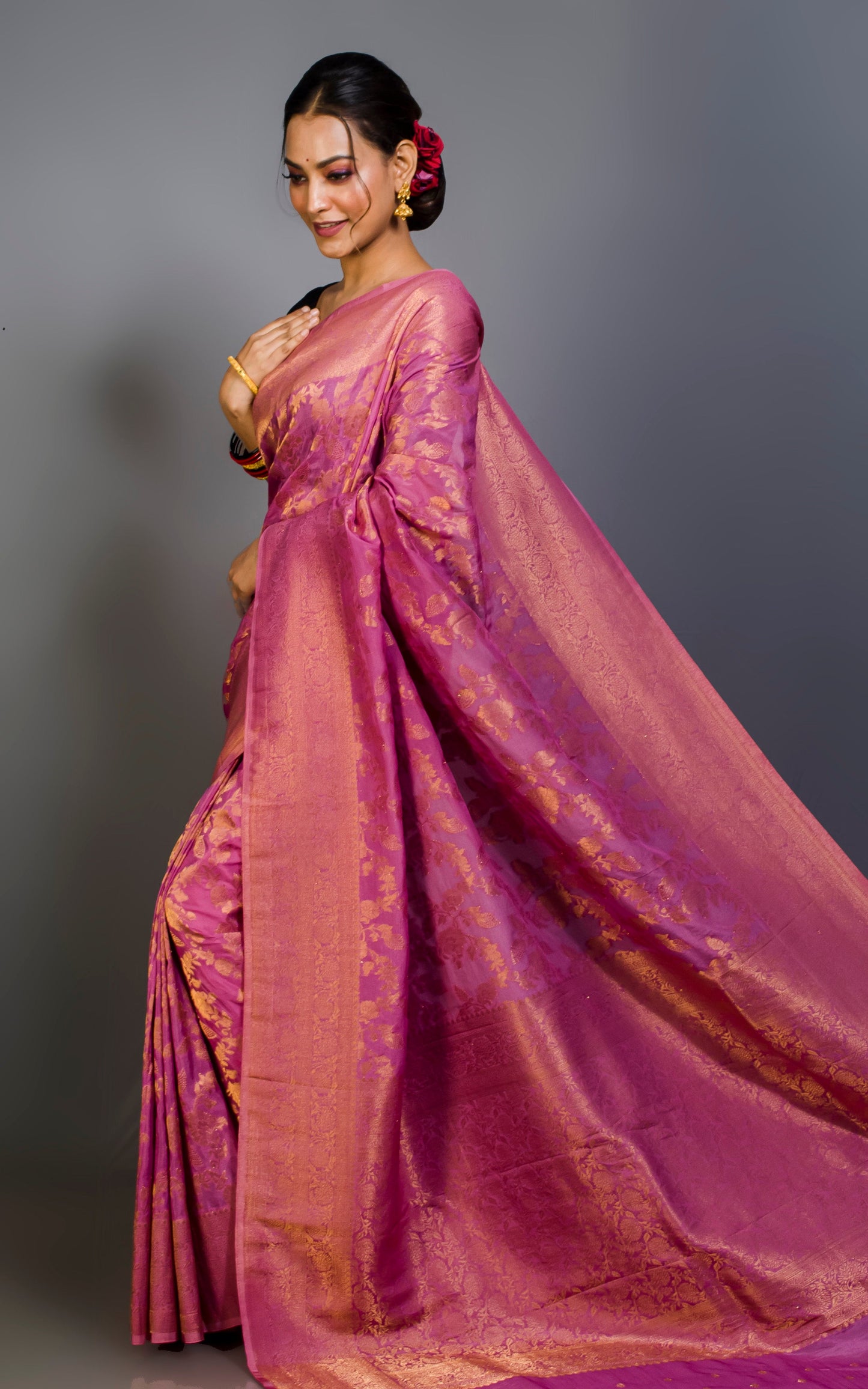 Soft Semi Georgette Brocade Banarasi Saree in Orchid Purple and Sepia Tone Golden Zari Work