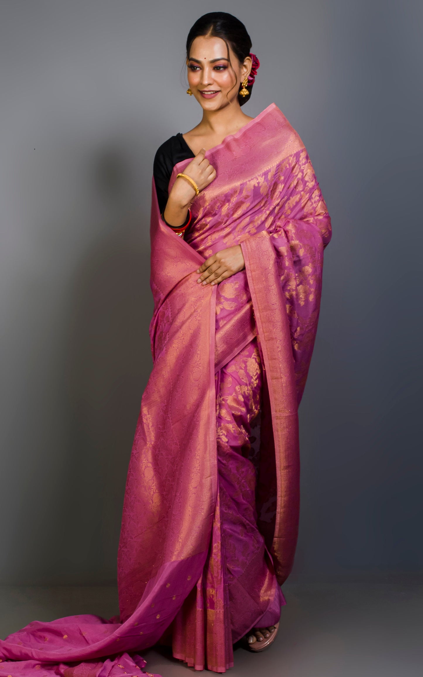 Soft Semi Georgette Brocade Banarasi Saree in Orchid Purple and Sepia Tone Golden Zari Work