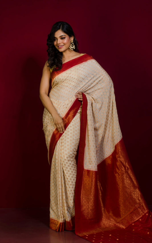 Medium Border Soft Semi Georgette Banarasi Saree in Off White, Maroon and Antique Golden