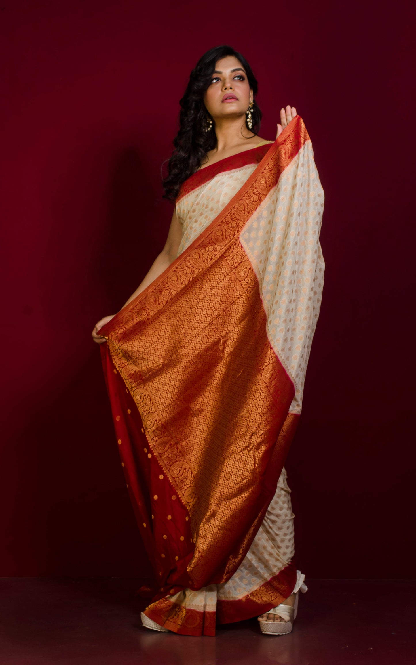 Medium Border Soft Semi Georgette Banarasi Saree in Off White, Maroon and Antique Golden