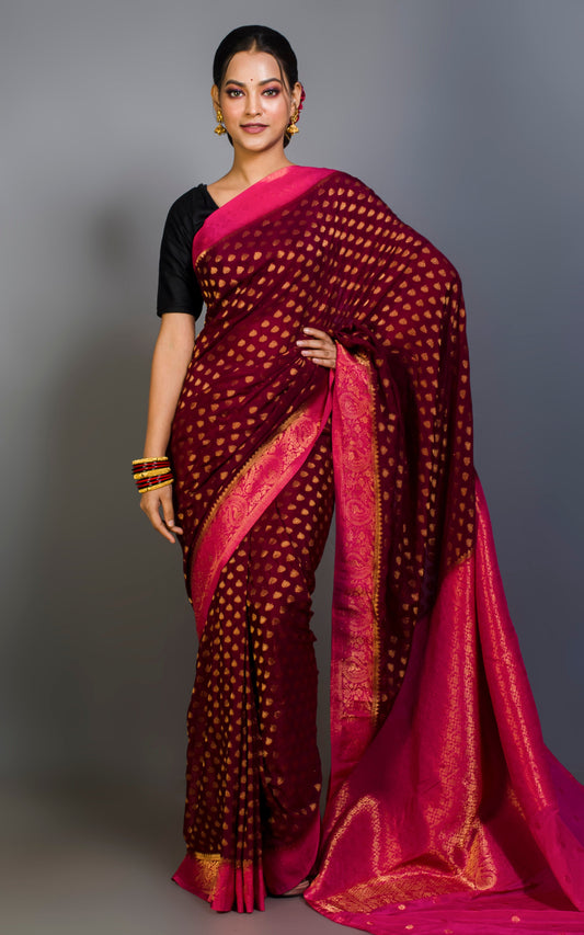 Medium Border Soft Semi Georgette Banarasi Saree in Garnet, Hot Pink and Antique Golden