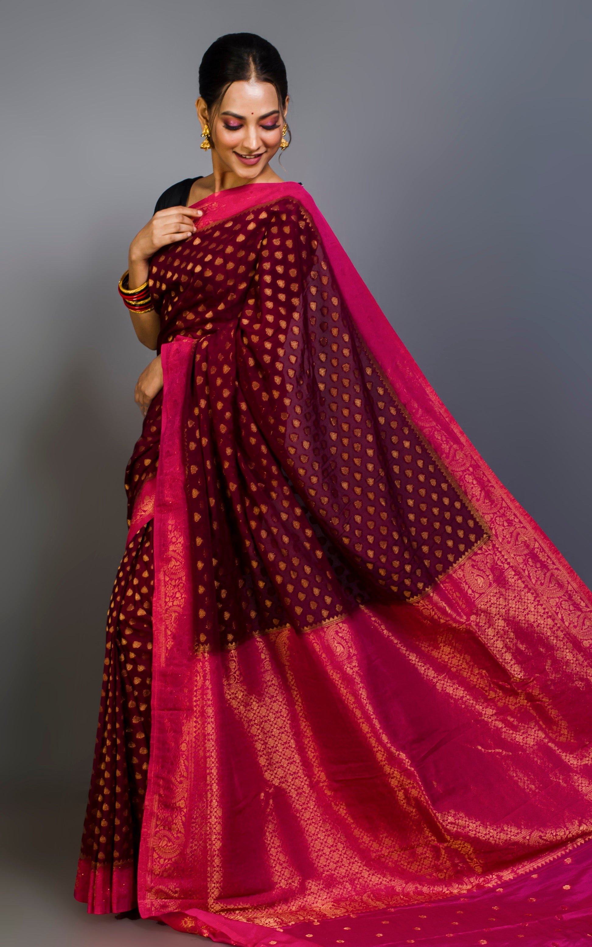 Medium Border Soft Semi Georgette Banarasi Saree in Garnet, Hot Pink and Antique Golden