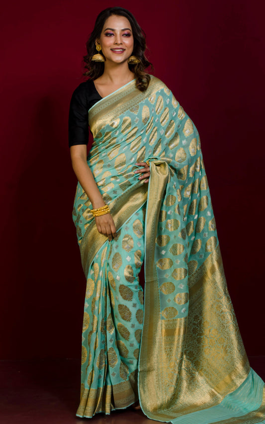 Brocade Khaddi Georgette Banarasi Saree in Turquoise with Silver & Gold Zari Work