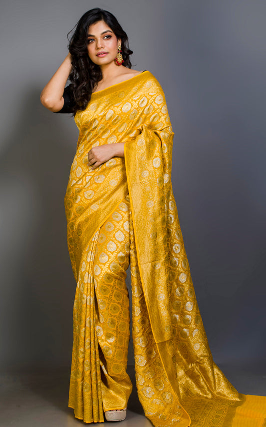 Brocade Khaddi Georgette Banarasi Saree in Bright Yellow with Silver & Gold Zari Work