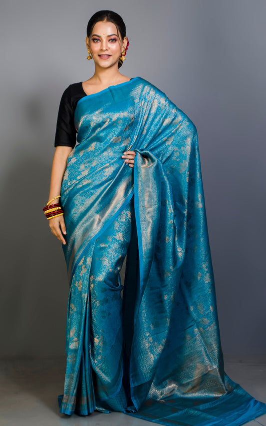 Semi Georgette Brocade Banarasi Saree in Cyan and Sepia Tone Golden Zari Work