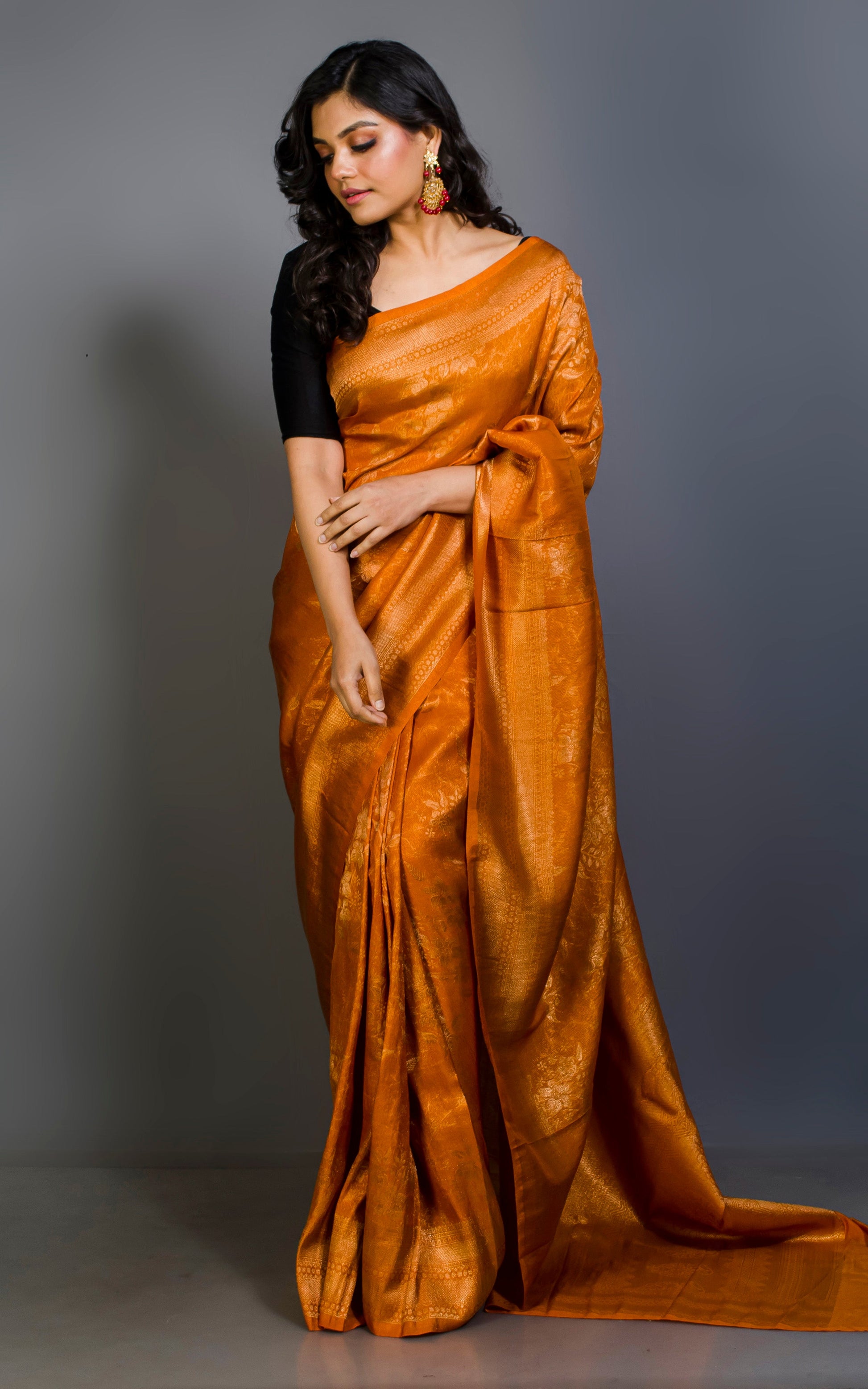 Semi Georgette Brocade Banarasi Saree in Chrome Yellow and Sepia Tone Golden Zari Work