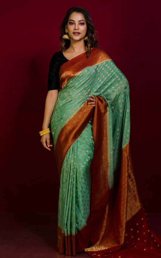 Soft Semi Georgette Banarasi Saree in Emerald Green, Dark Red and Antique Golden