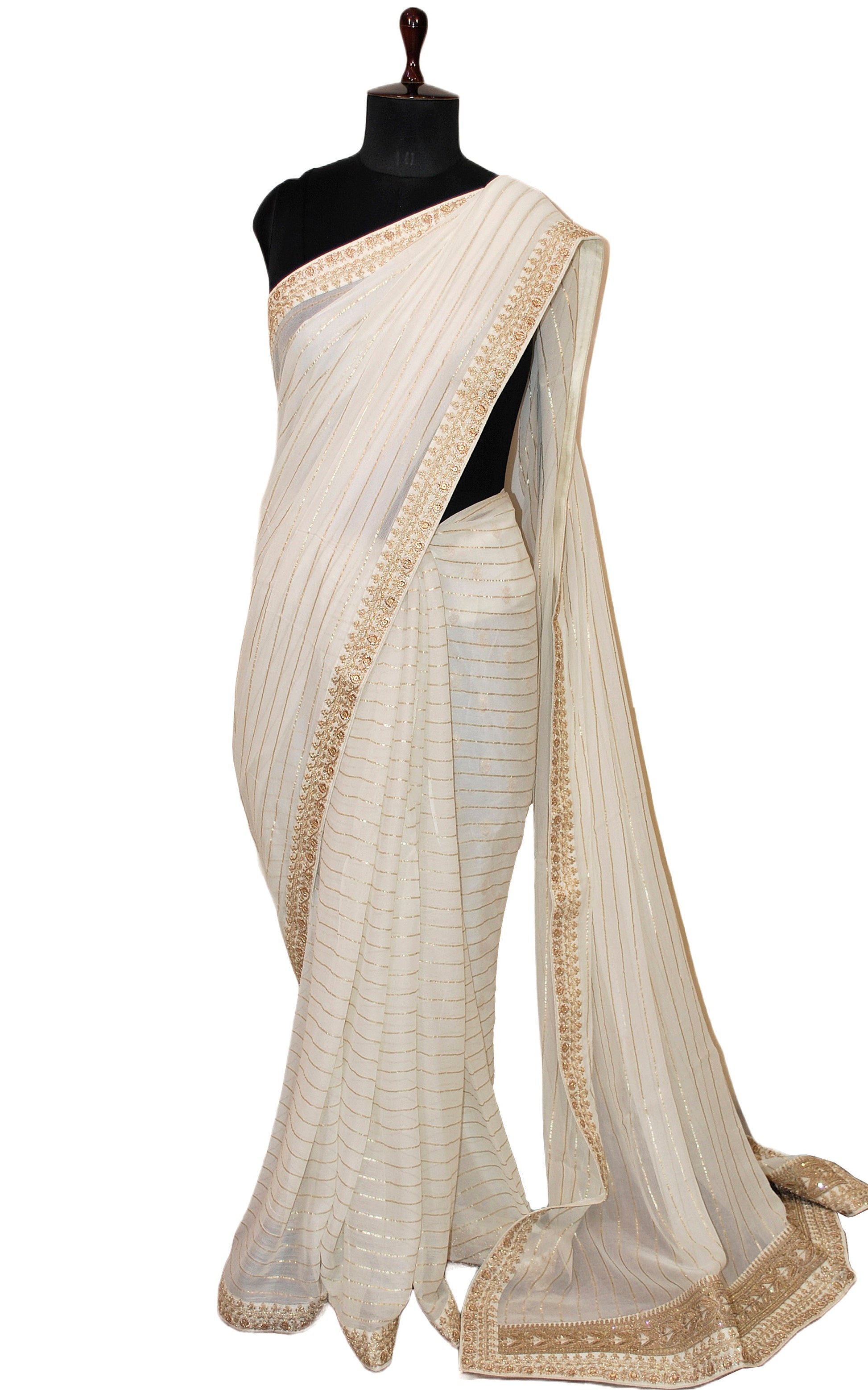 Khaddi Georgette Designer Saree in White and Antique Gold