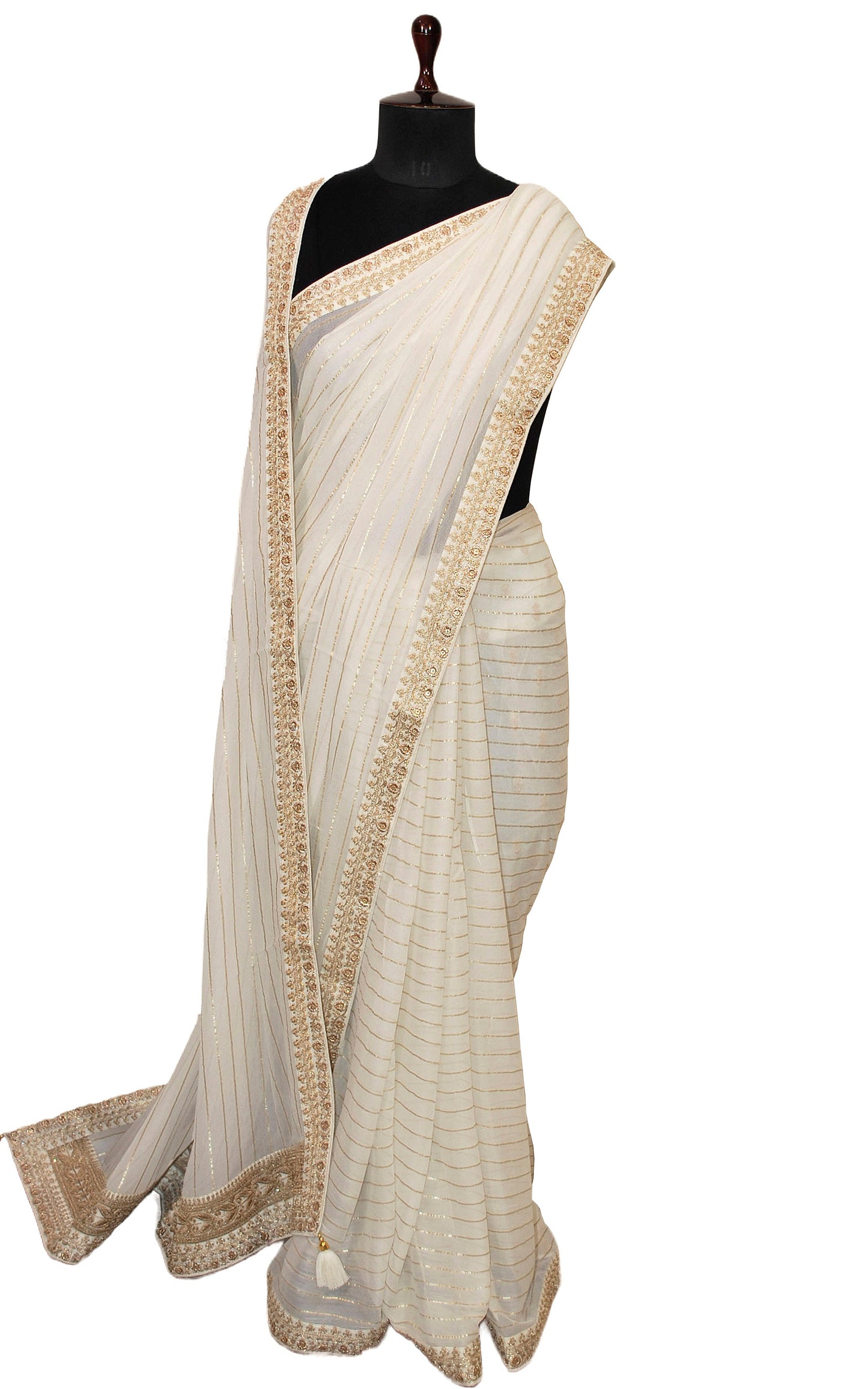 Khaddi Georgette Designer Saree in White and Antique Gold