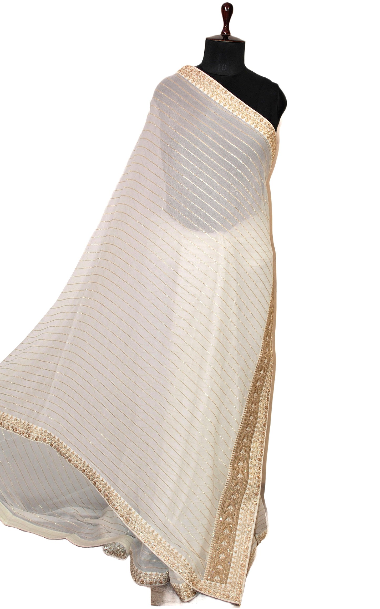 Khaddi Georgette Designer Saree in White and Antique Gold