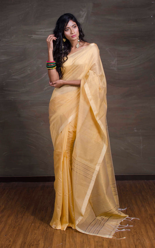 Cotton Silk Saree with Temple Border in Beige and Gold - Bengal Looms India