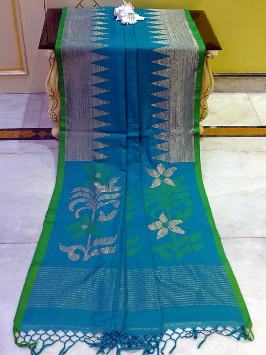 Premium Quality Double Warp Soft Cotton Kangivaram Saree in Teal Blue, Natural Green and Muted Gold Zari Work