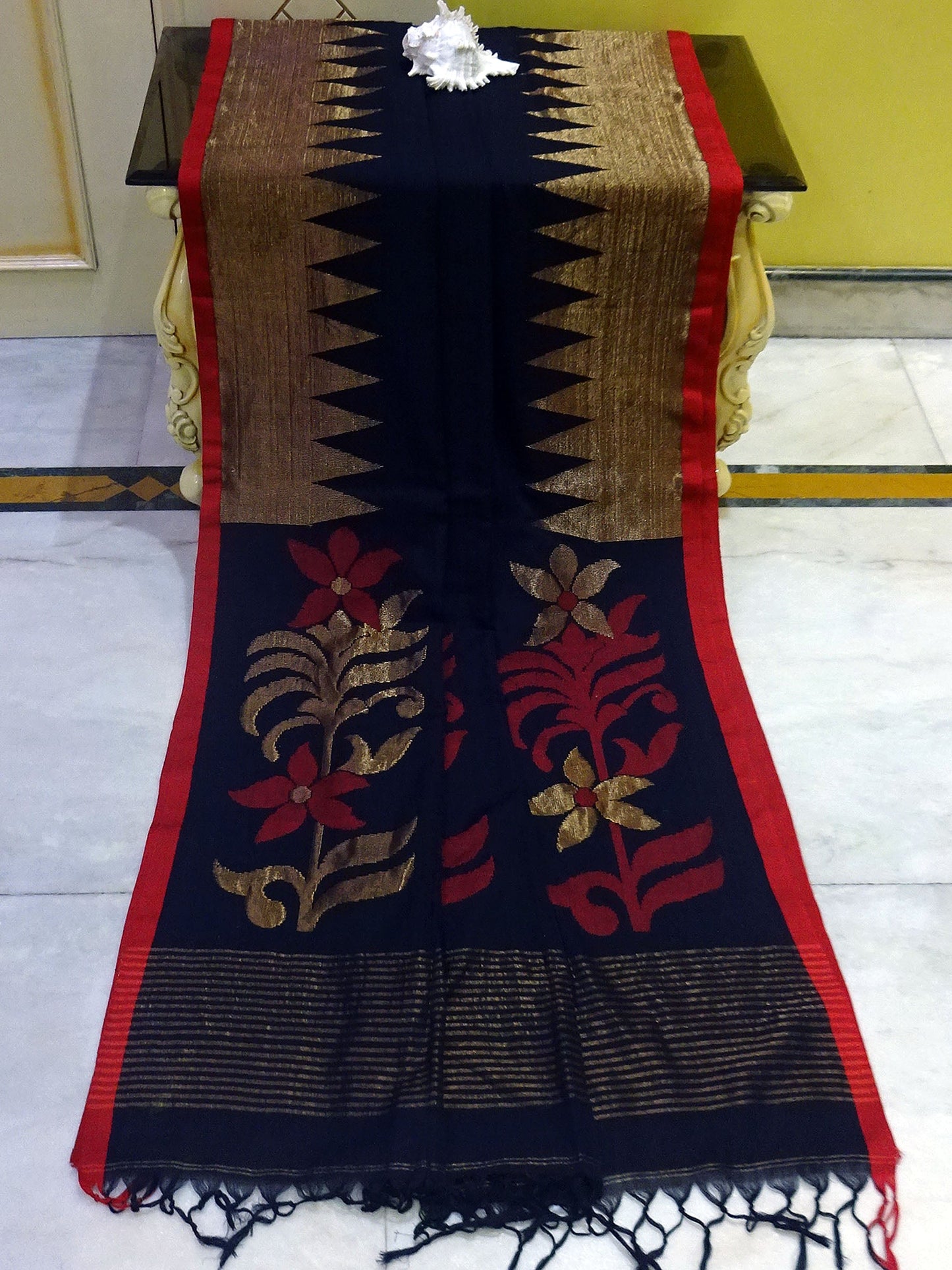 Premium Quality Double Warp Soft Cotton Kangivaram Saree in Black, Dark Red and Muted Gold Zari Work