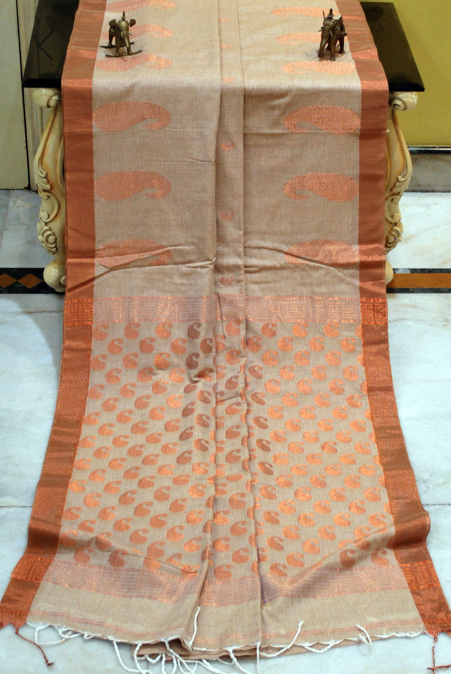 Premium Quality Double Warp Soft Pure Cotton Saree in Beige and Copper Zari Work