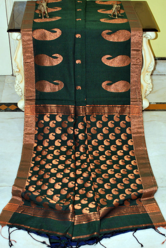 Premium Quality Double Warp Soft Pure Cotton Saree in Dark Green and Copper Zari Work