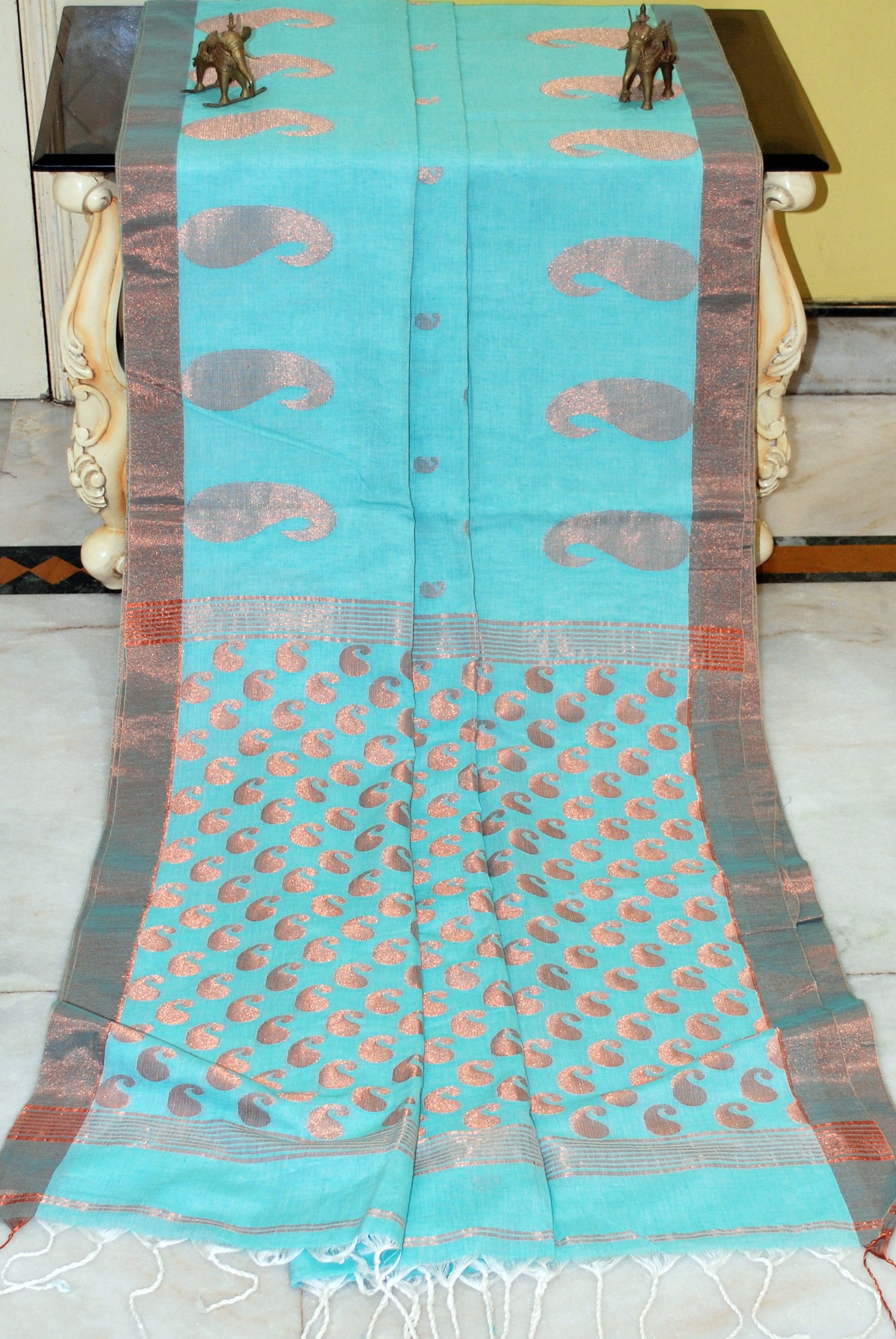 Premium Quality Double Warp Soft Pure Cotton Saree in Celeste Blue and Copper Zari Work